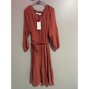 NWT Lucky Brand Rust Midi Dress Boho Gauze Tie Waist Long Sleeve Size Large